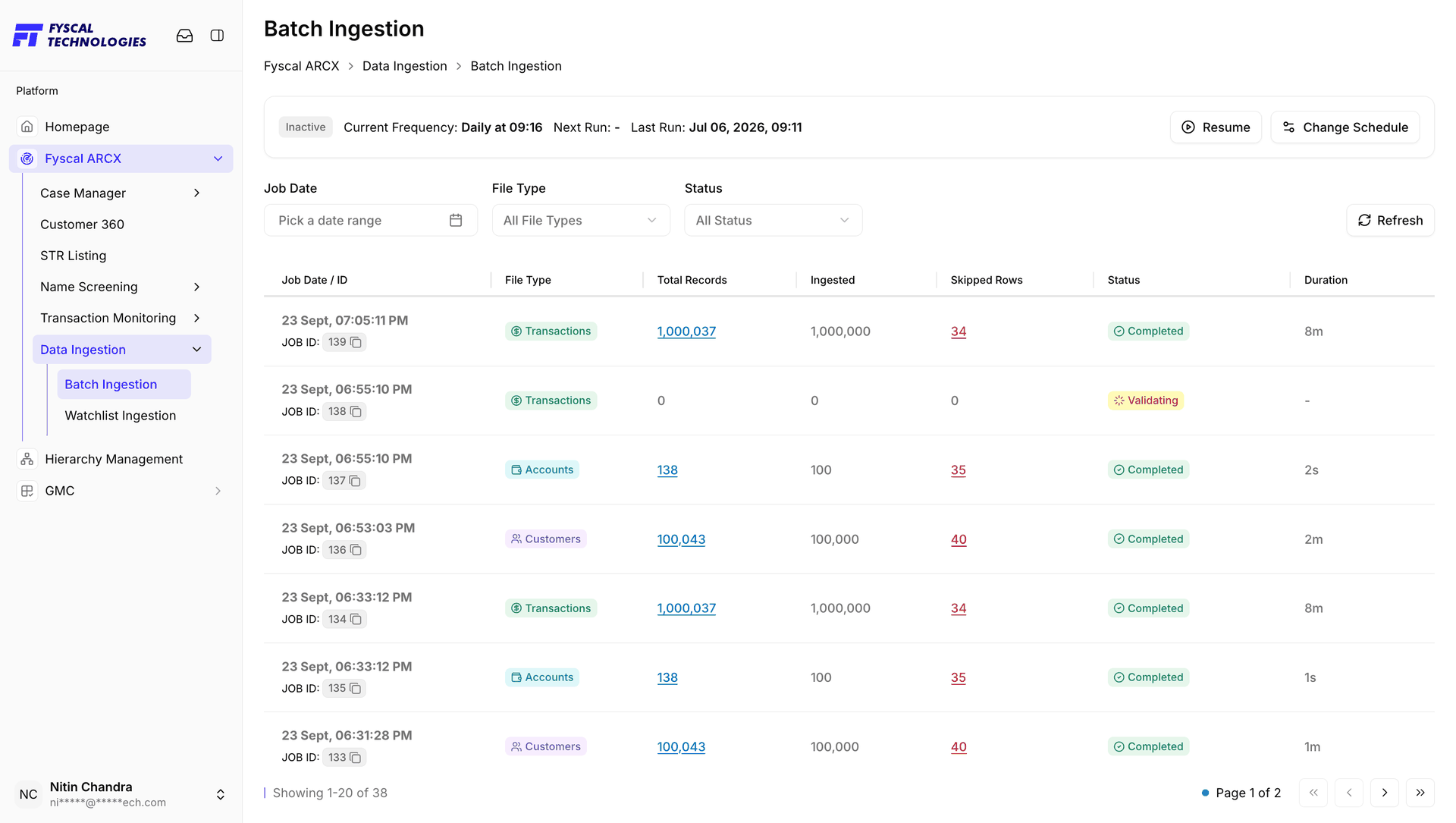 Figure 8.1 — Batch Ingestion overview: the current schedule, and a job history of Transactions, Accounts and Customers jobs with their record counts, skipped rows, status and duration. One job is still Validating.