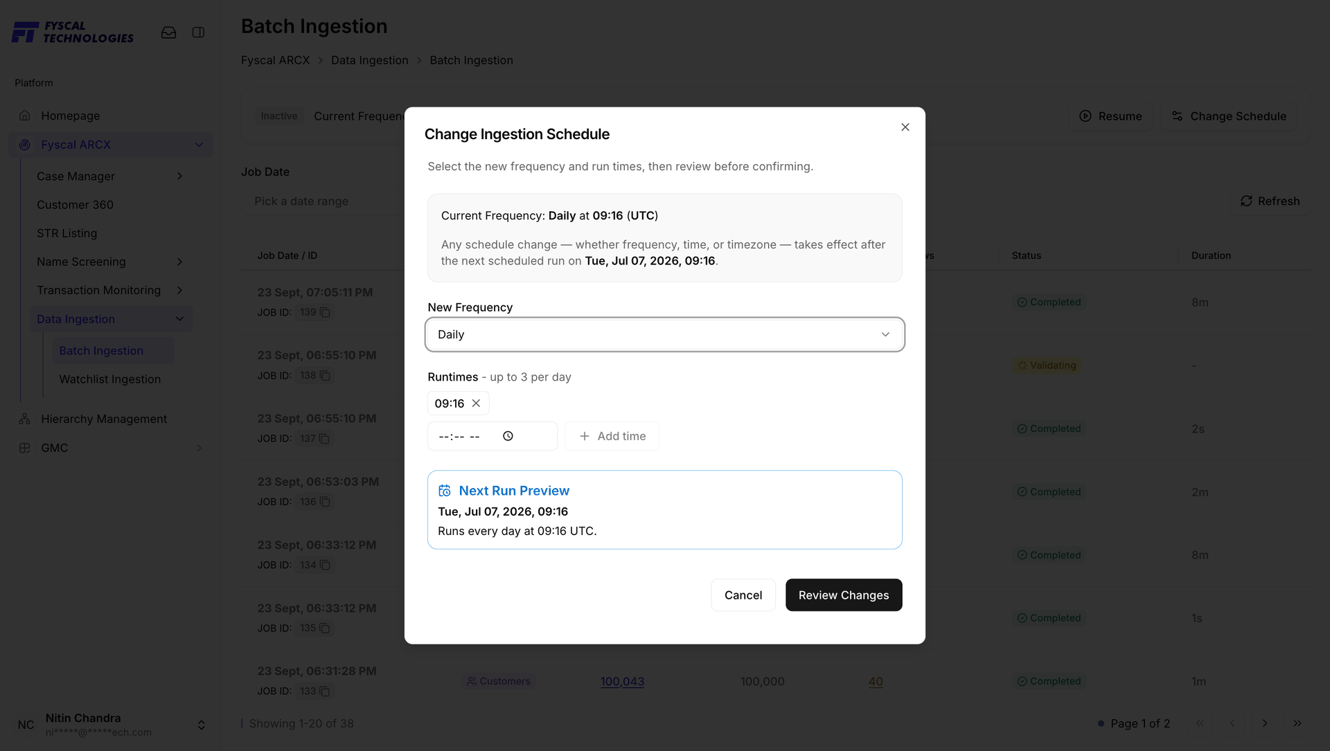 Figure 8.5 — Change Ingestion Schedule: new frequency, up to three runtimes, and a Next Run Preview.