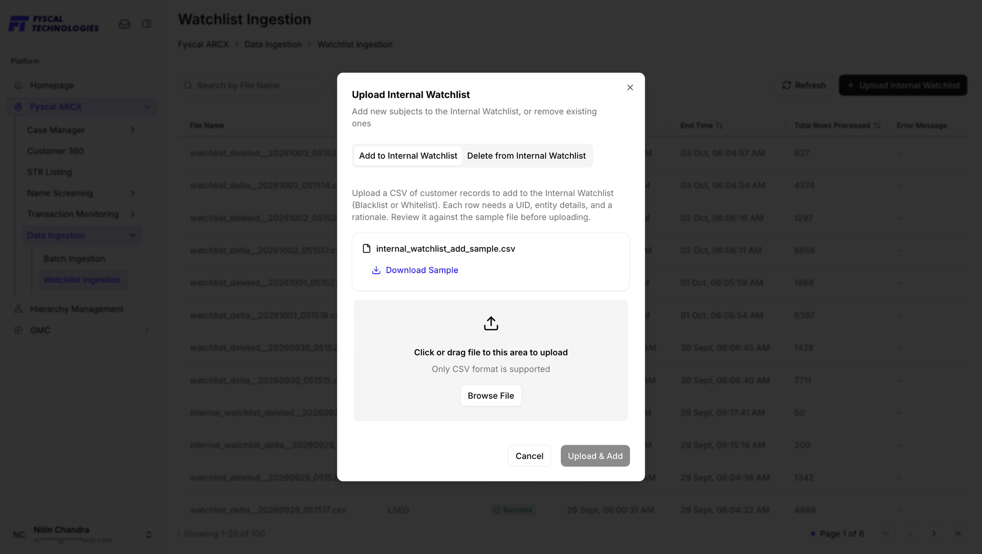 Figure 8.9 — Upload Internal Watchlist: add or delete subjects by CSV, with a downloadable sample file.