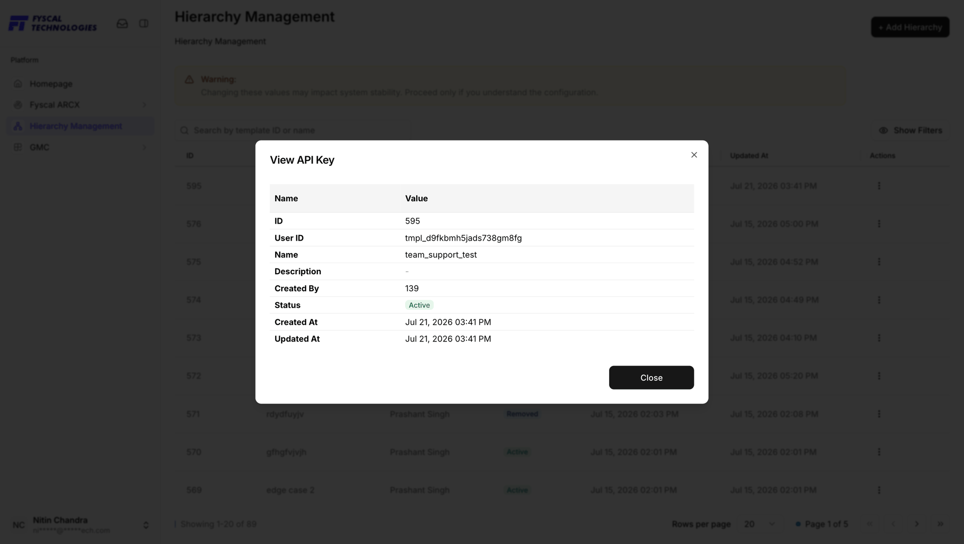 Figure H.3 — The view dialog for template 595 (team_support_test): Active, created and updated on 21 Jul 2026.