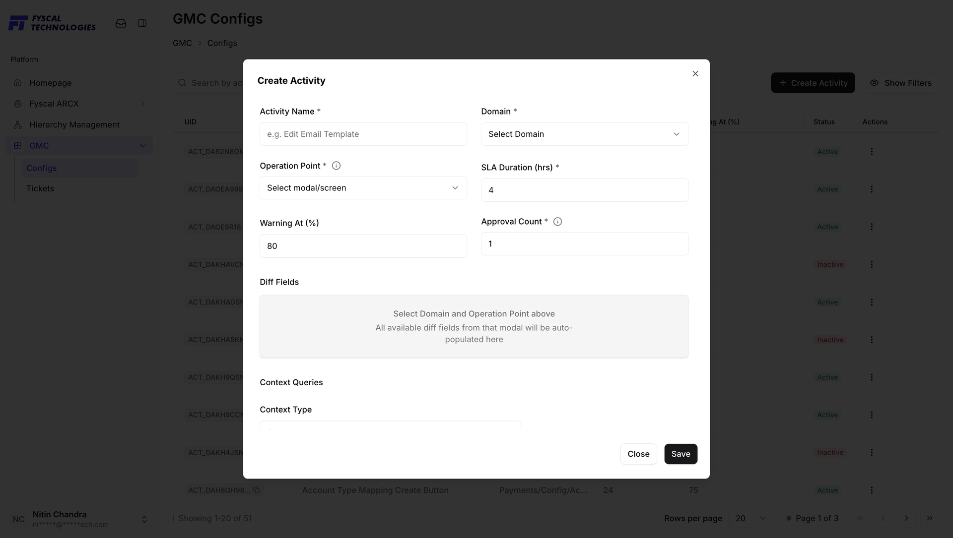 Figure G.2 — Create Activity, part 1: name, domain, operation point, SLA, warning threshold and approval count. Diff Fields populate after the domain and operation point are chosen.