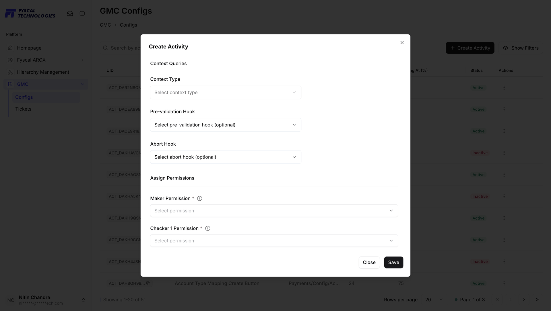 Figure G.3 — Create Activity, part 2: context type, optional hooks, and the required maker and checker permissions.